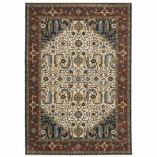 Ivory Beige Red Blue Gold Green And Navy Oriental Power Loom Stain Resistant Area Rug With Fringe - 6' x 9'