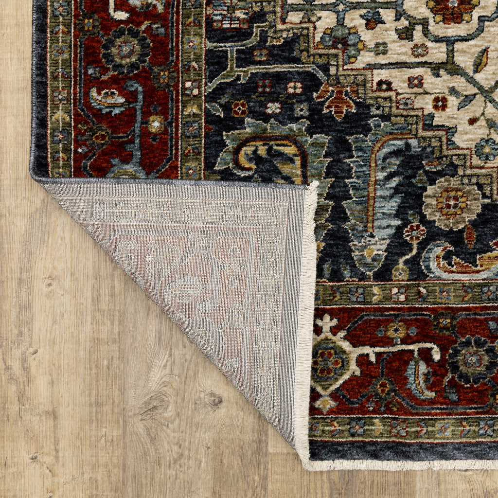 Ivory Beige Red Blue Gold Green And Navy Oriental Power Loom Stain Resistant Area Rug With Fringe - 6' x 9'