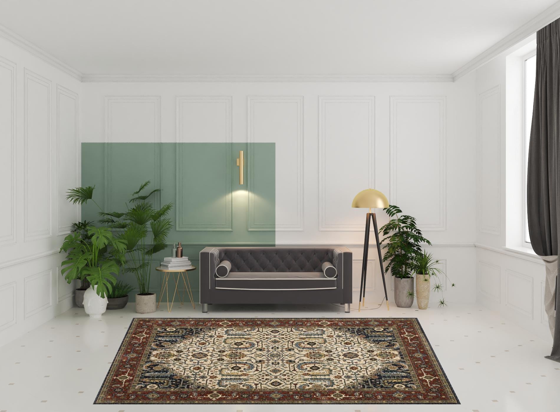 Ivory Beige Red Blue Gold Green And Navy Oriental Power Loom Stain Resistant Area Rug With Fringe - 8' x 11'