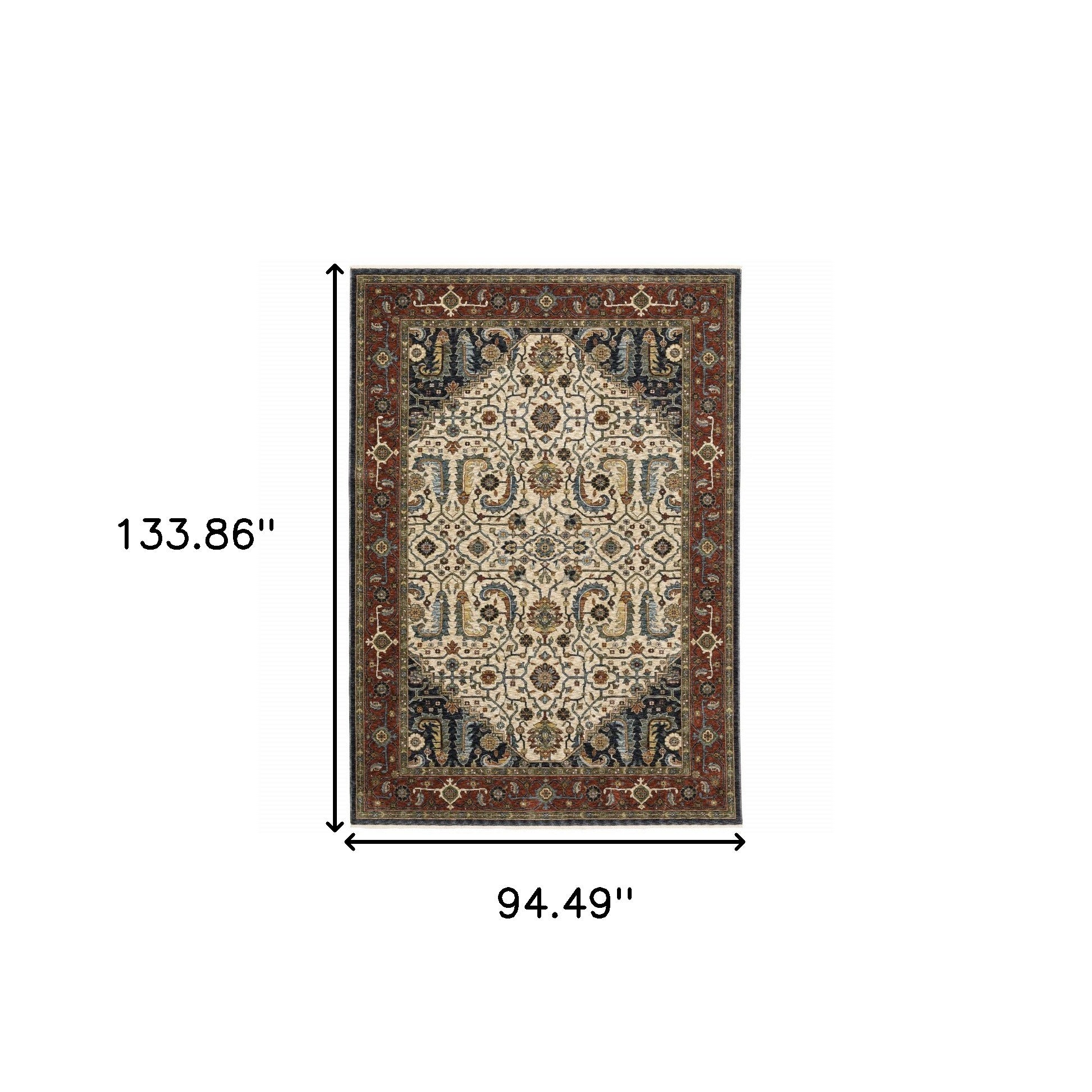 Ivory Beige Red Blue Gold Green And Navy Oriental Power Loom Stain Resistant Area Rug With Fringe - 8' x 11'
