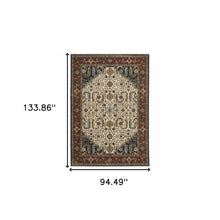 Ivory Beige Red Blue Gold Green And Navy Oriental Power Loom Stain Resistant Area Rug With Fringe - 8' x 11'