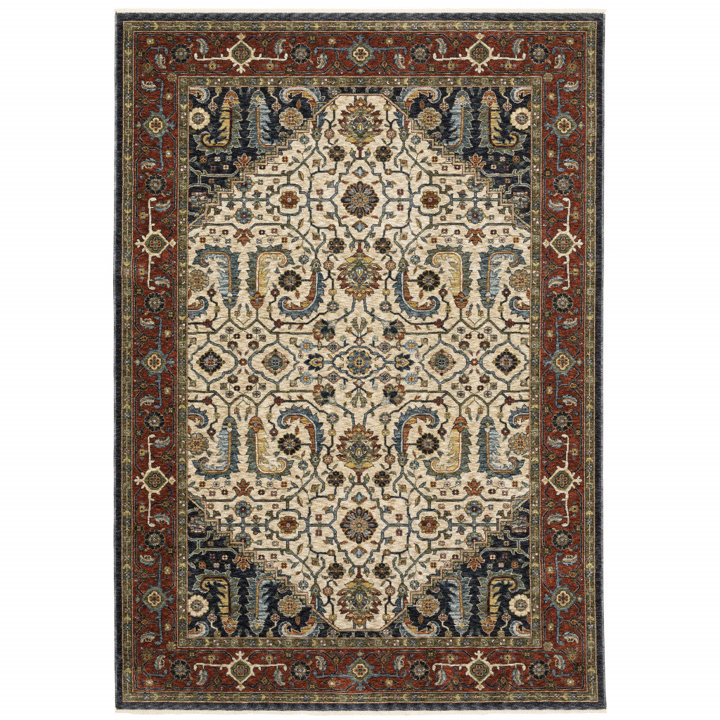 Ivory Beige Red Blue Gold Green And Navy Oriental Power Loom Stain Resistant Area Rug With Fringe - 8' x 11'