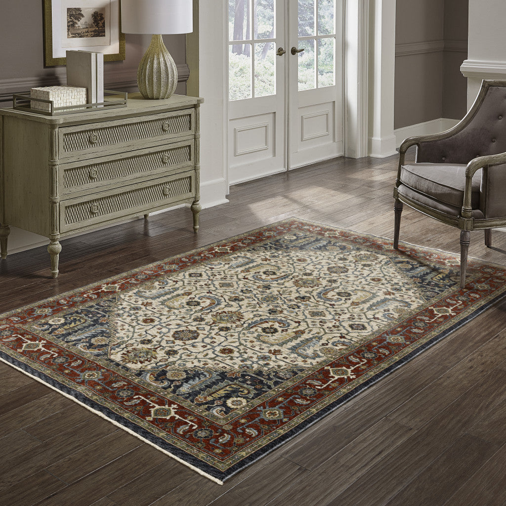 Ivory Beige Red Blue Gold Green And Navy Oriental Power Loom Stain Resistant Area Rug With Fringe - 8' x 11'