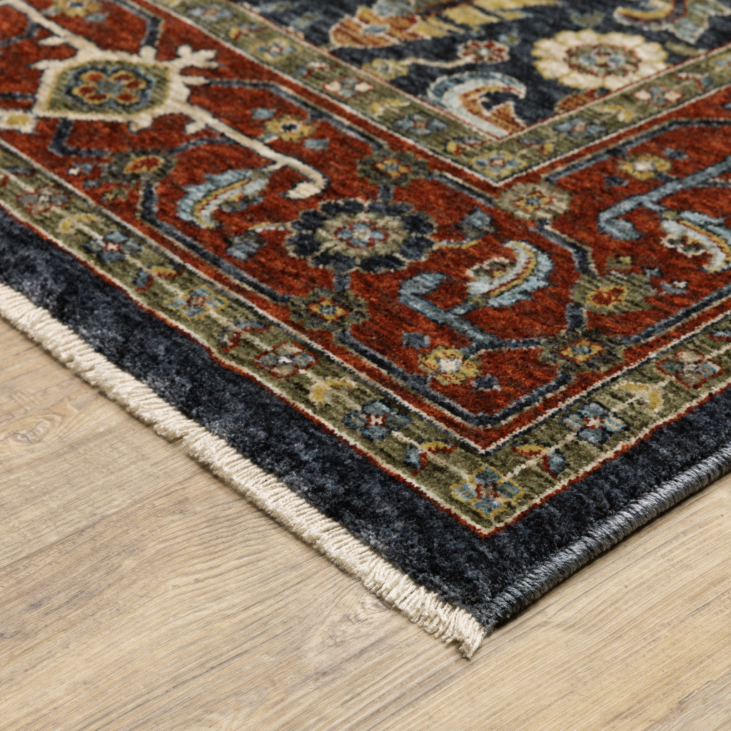 Ivory Beige Red Blue Gold Green And Navy Oriental Power Loom Stain Resistant Area Rug With Fringe - 8' x 11'