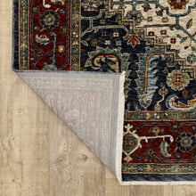 Ivory Beige Red Blue Gold Green And Navy Oriental Power Loom Stain Resistant Area Rug With Fringe - 8' x 11'