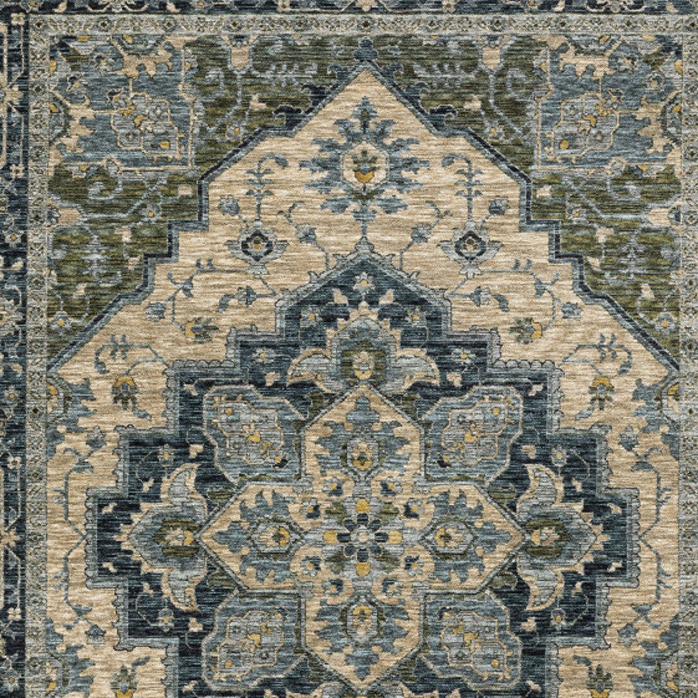 2' X 3' Blue Grey Beige Tan Green And Gold Oriental Power Loom Stain Resistant Area Rug With Fringe