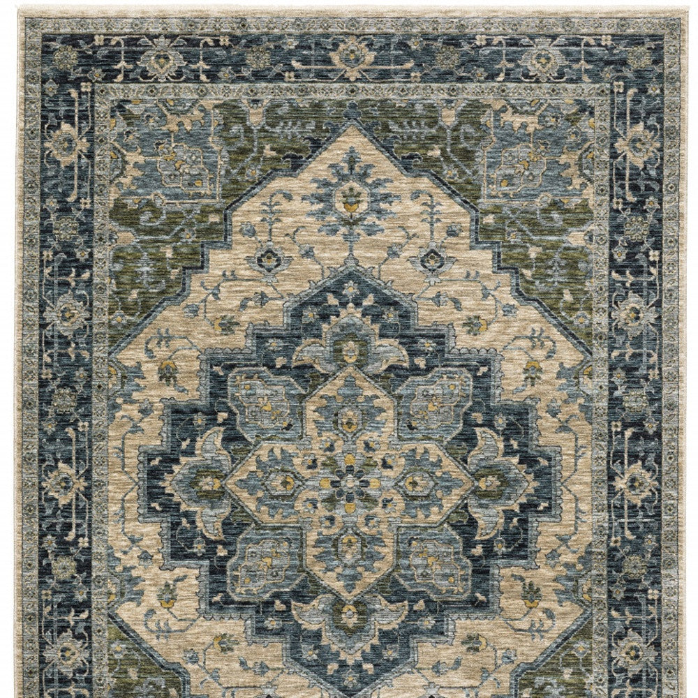 2' X 3' Blue Grey Beige Tan Green And Gold Oriental Power Loom Stain Resistant Area Rug With Fringe
