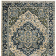 2' X 3' Blue Grey Beige Tan Green And Gold Oriental Power Loom Stain Resistant Area Rug With Fringe
