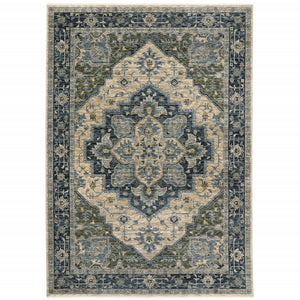 3' X 5' Blue Grey Beige Tan Green And Gold Oriental Power Loom Stain Resistant Area Rug With Fringe