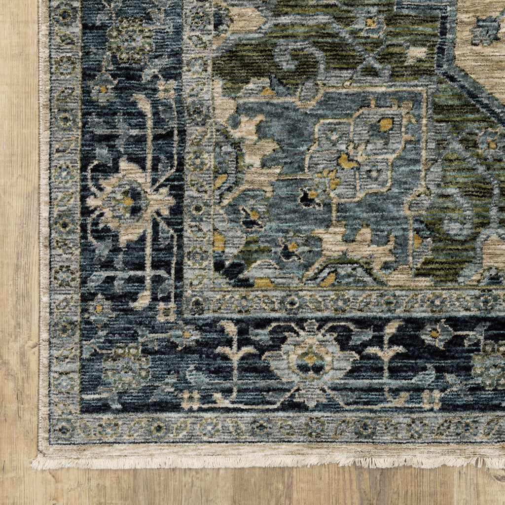 3' X 5' Blue Grey Beige Tan Green And Gold Oriental Power Loom Stain Resistant Area Rug With Fringe