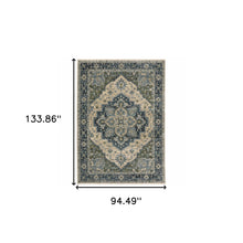 8' X 11' Blue Grey Beige Tan Green And Gold Oriental Power Loom Stain Resistant Area Rug With Fringe