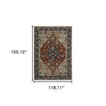 10' X 13' Blue Beige Tan Brown Gold And Rust Red Oriental Power Loom Stain Resistant Area Rug With Fringe