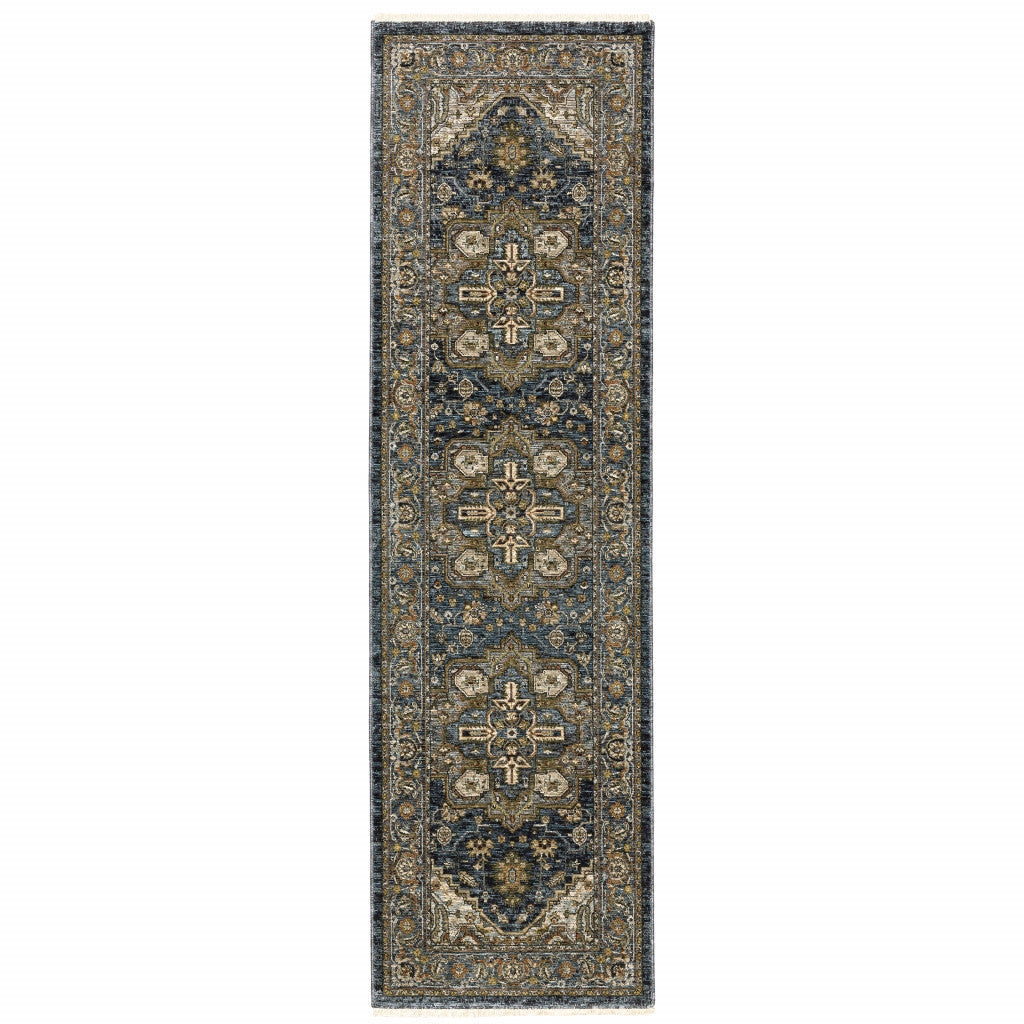 2' X 8' Blue Taupe Grey Green Rust Tan Beige And Gold Oriental Power Loom Stain Resistant Runner Rug With Fringe