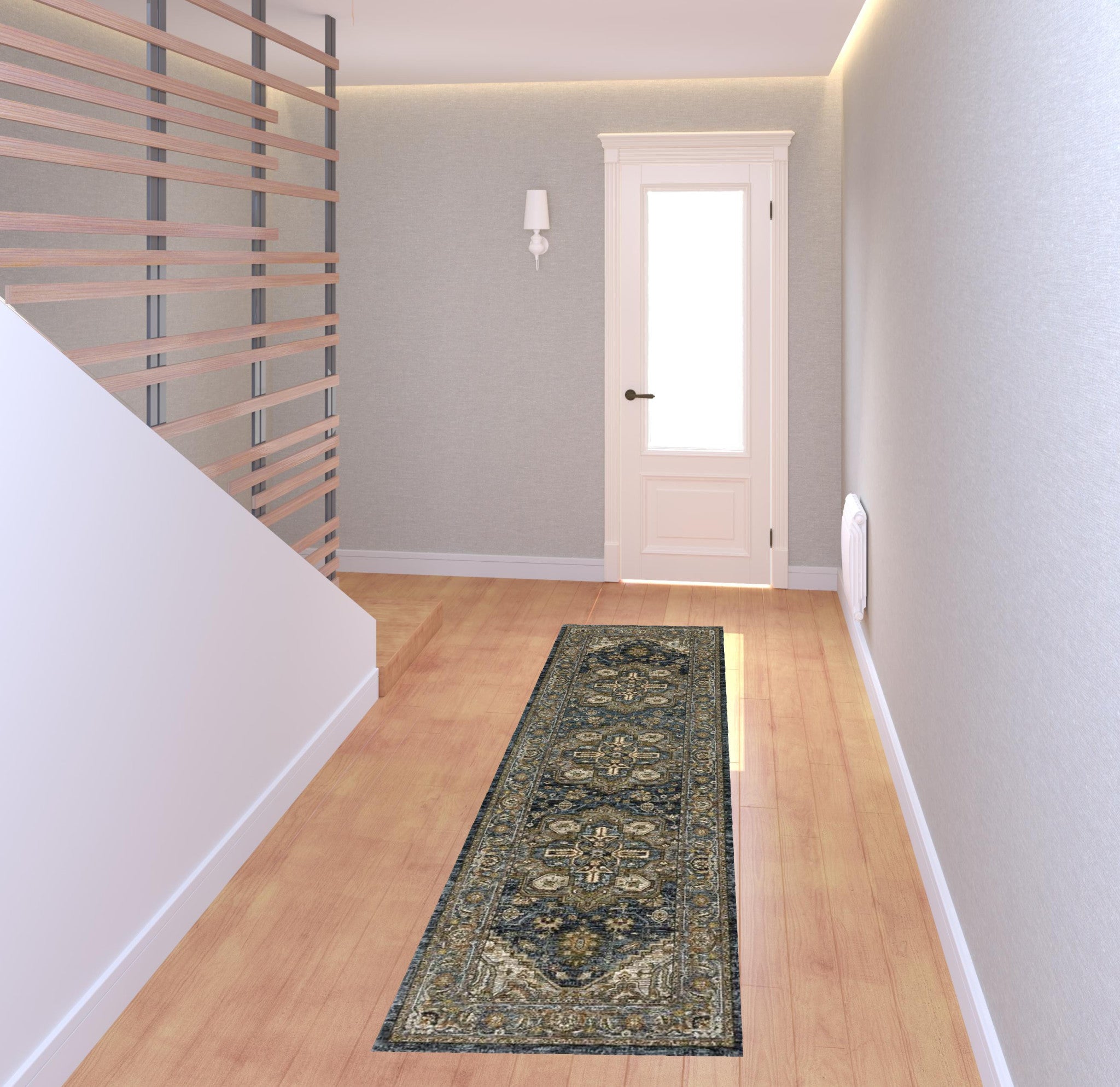 2' X 8' Blue Taupe Grey Green Rust Tan Beige And Gold Oriental Power Loom Stain Resistant Runner Rug With Fringe