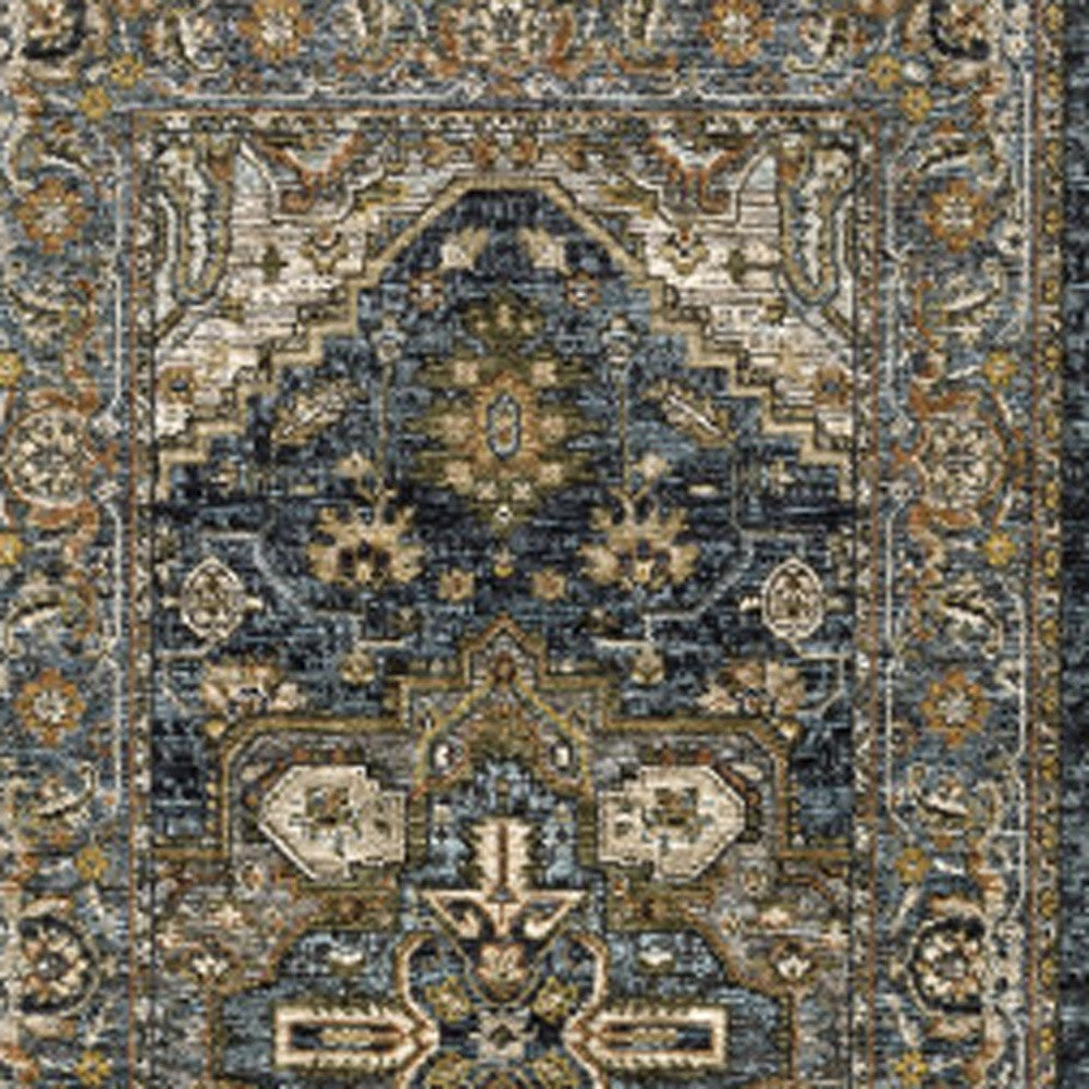 2' X 8' Blue Taupe Grey Green Rust Tan Beige And Gold Oriental Power Loom Stain Resistant Runner Rug With Fringe