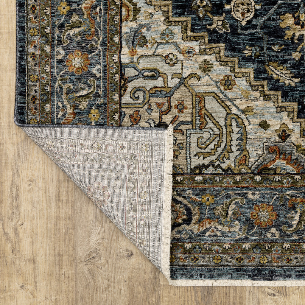 3' X 5' Blue Taupe Grey Green Rust Tan Beige And Gold Oriental Power Loom Stain Resistant Area Rug With Fringe