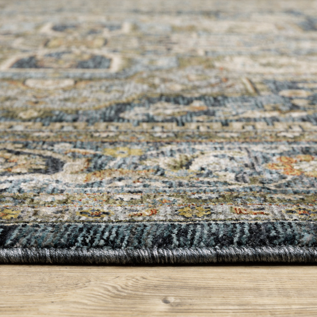 5' X 8' Blue Taupe Grey Green Rust Tan Beige And Gold Oriental Power Loom Stain Resistant Area Rug With Fringe