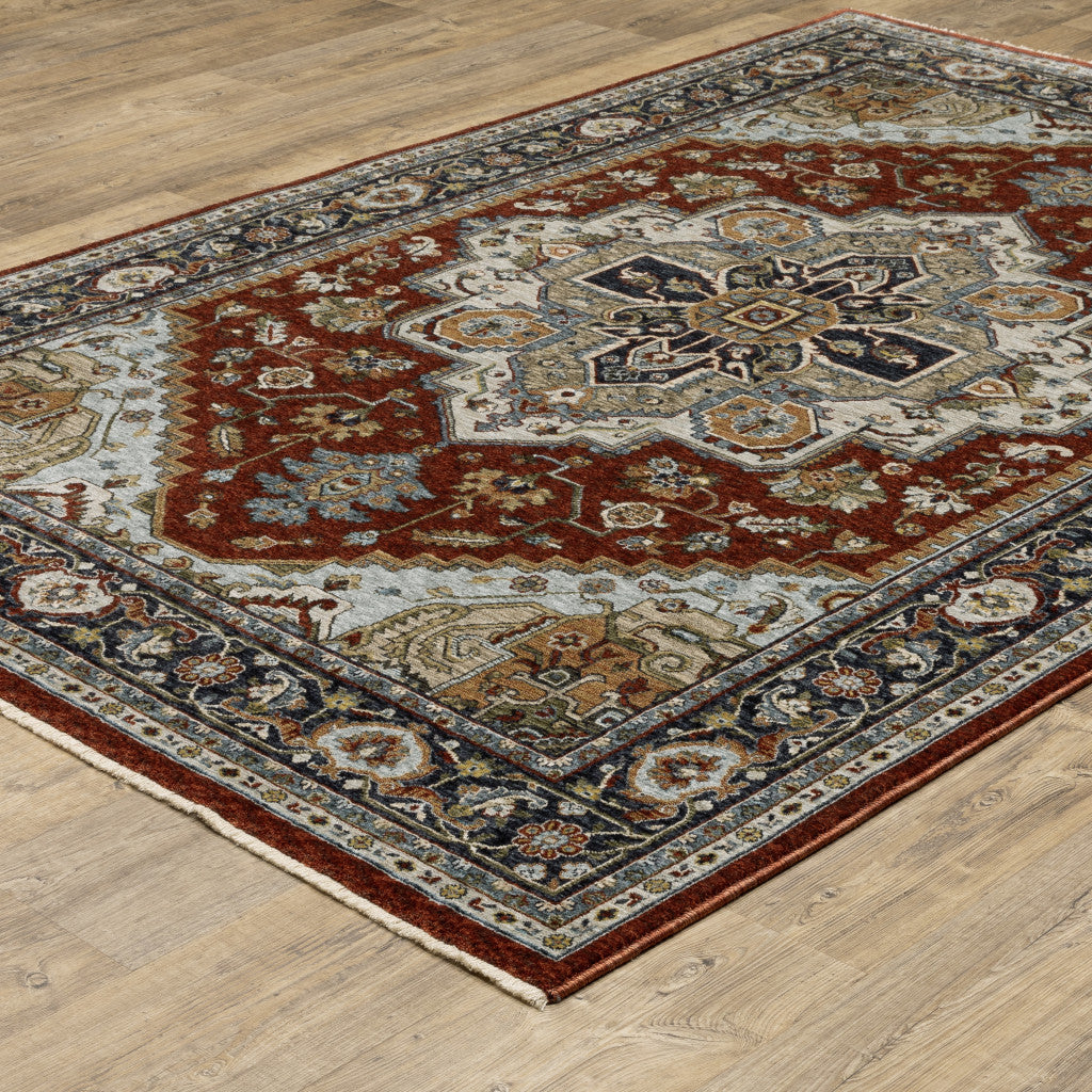 10' X 13' Blue Beige Grey Gold Green And Rust Red Oriental Power Loom Stain Resistant Area Rug With Fringe