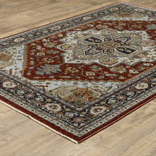 10' X 13' Blue Beige Grey Gold Green And Rust Red Oriental Power Loom Stain Resistant Area Rug With Fringe