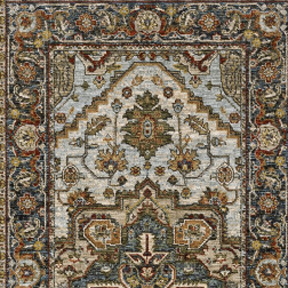 2' X 8' Ivory Beige Blue Orange Gold Green Grey And Rust Oriental Power Loom Stain Resistant Runner Rug With Fringe