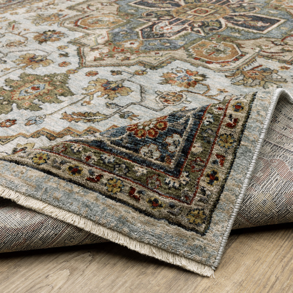 2' X 8' Ivory Beige Blue Orange Gold Green Grey And Rust Oriental Power Loom Stain Resistant Runner Rug With Fringe