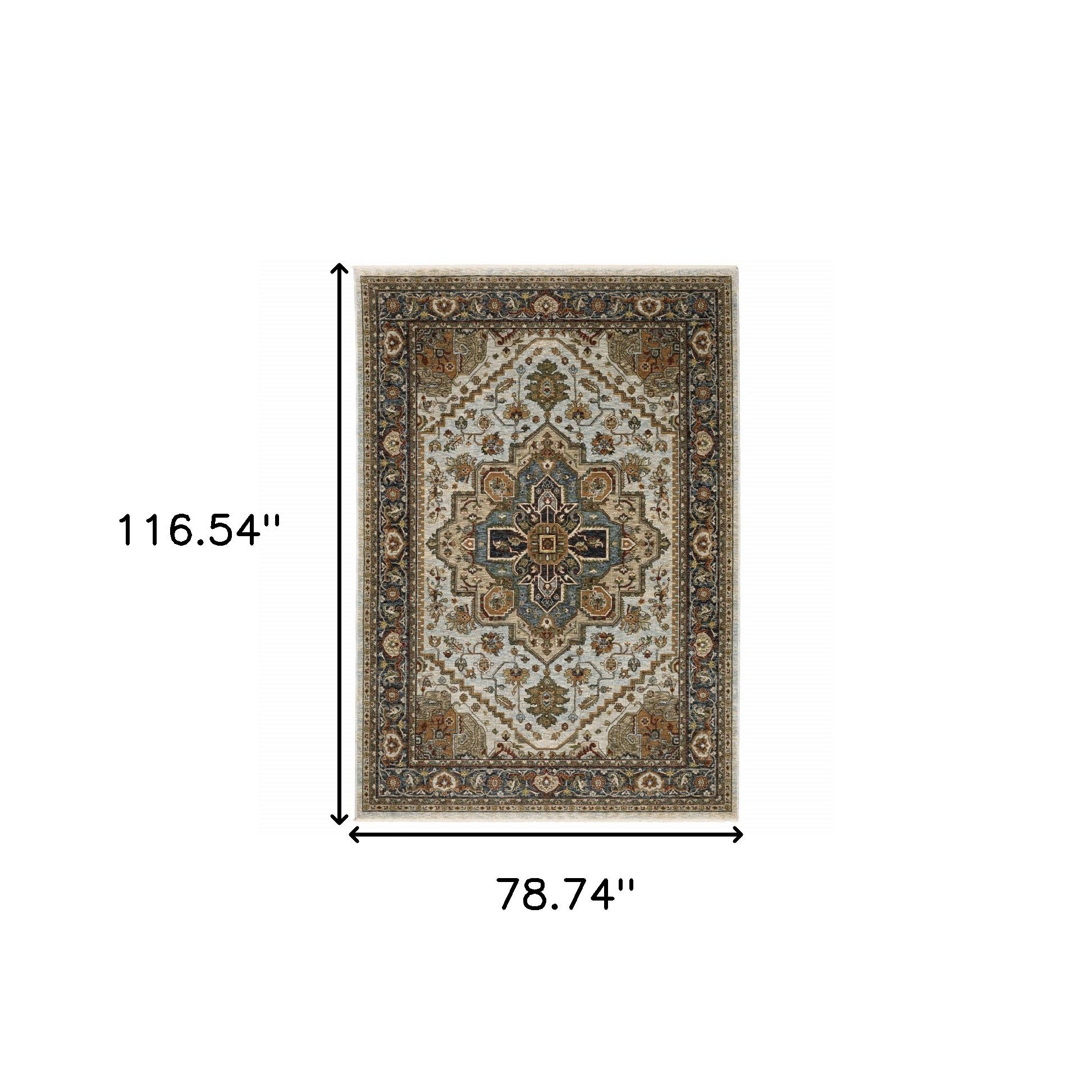 6' X 9' Ivory Beige Blue Orange Gold Green Grey And Rust Oriental Power Loom Stain Resistant Area Rug With Fringe