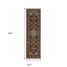 2' X 8' Red Ivory Blue Navy Gold And Grey Oriental Power Loom Stain Resistant Runner Rug With Fringe