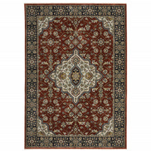 2' X 3' Red Ivory Blue Navy Gold And Grey Oriental Power Loom Stain Resistant Area Rug With Fringe
