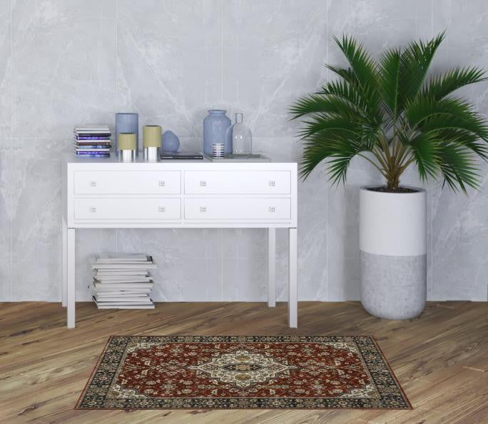 3' X 5' Red Ivory Blue Navy Gold And Grey Oriental Power Loom Stain Resistant Area Rug With Fringe