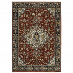 3' X 5' Red Ivory Blue Navy Gold And Grey Oriental Power Loom Stain Resistant Area Rug With Fringe