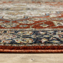 3' X 5' Red Ivory Blue Navy Gold And Grey Oriental Power Loom Stain Resistant Area Rug With Fringe