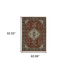 5' X 8' Red Ivory Blue Navy Gold And Grey Oriental Power Loom Stain Resistant Area Rug With Fringe