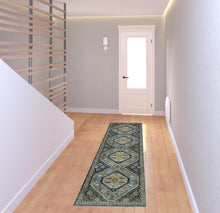 2' X 8' Blue Gold Ivory And Navy Oriental Power Loom Stain Resistant Runner Rug With Fringe