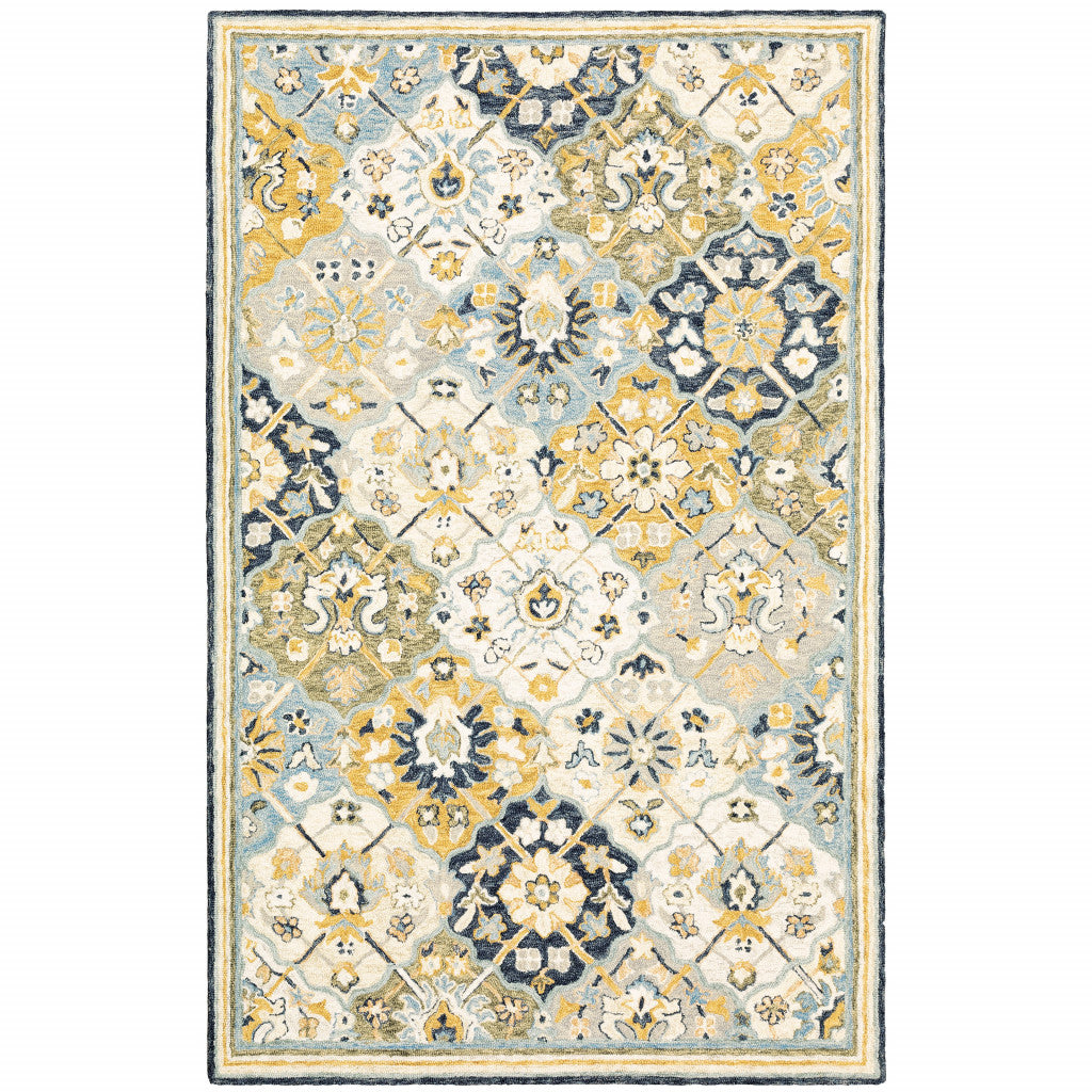 Blue Green Gold Navy And Ivory Geometric Tufted Handmade Stain Resistant Area Rug - 10' x 13'