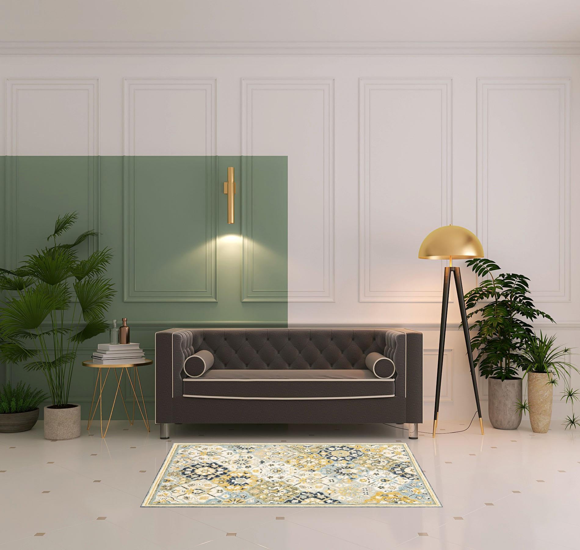 4' X 6' Blue Green Gold Navy And Ivory Geometric Tufted Handmade Stain Resistant Area Rug