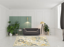 Blue Green Gold Navy And Ivory Geometric Tufted Handmade Stain Resistant Area Rug - 8' x 10'