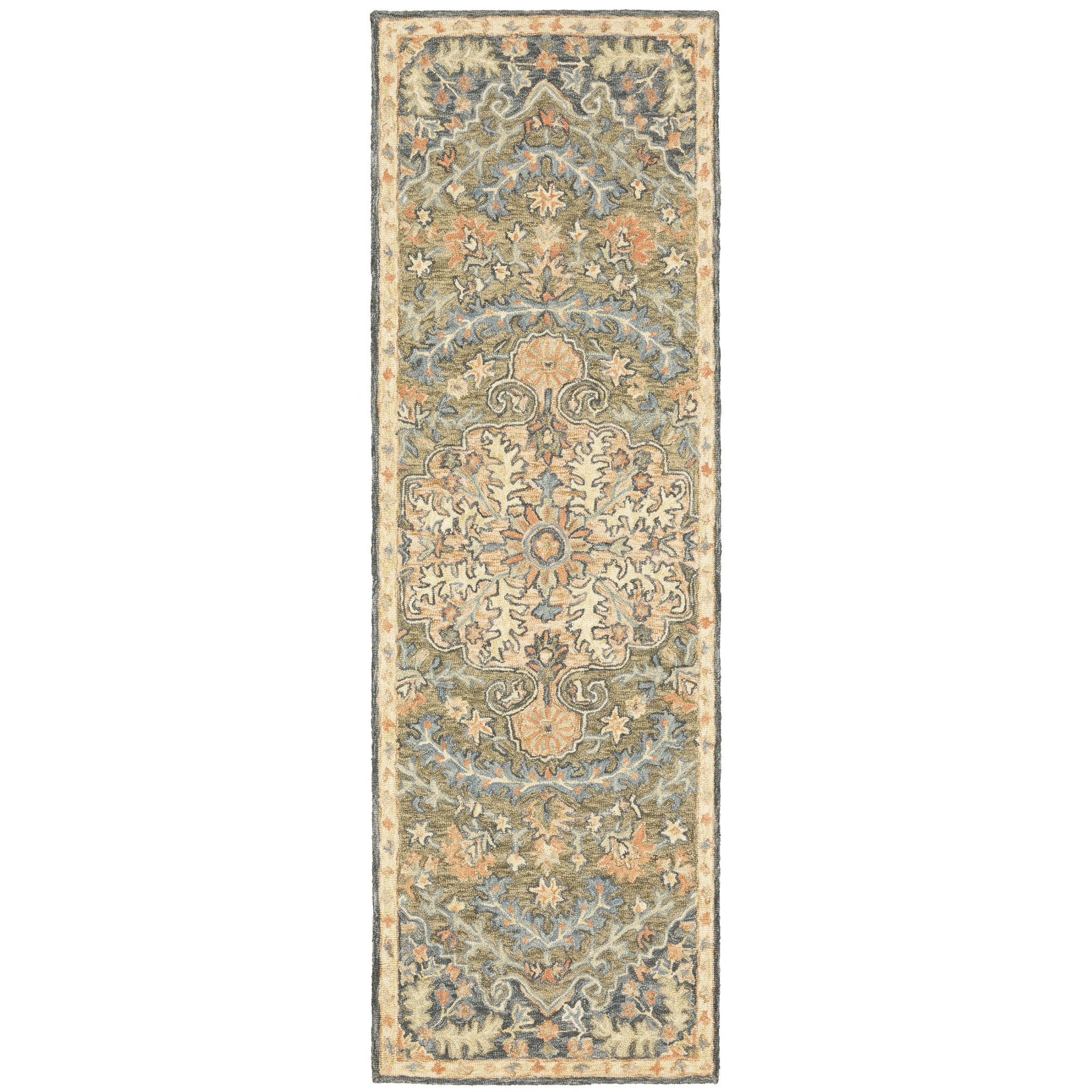 2' X 8' Blue Green Clay And Gold Oriental Tufted Handmade Stain Resistant Runner Rug