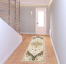 2' X 8' Ivory Charcoal Gold Clay And Muted Blue Oriental Tufted Handmade Stain Resistant Runner Rug