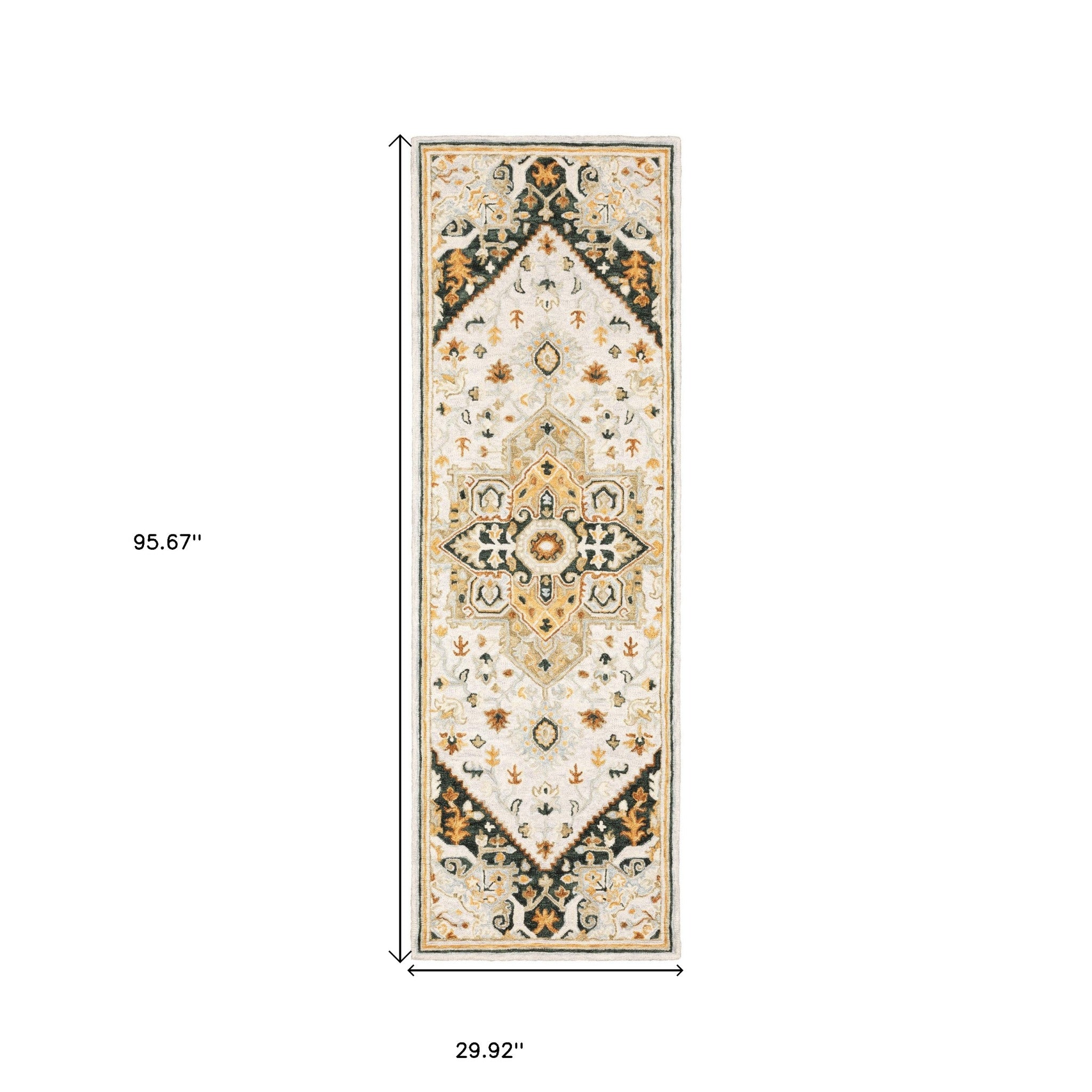 2' X 8' Ivory Charcoal Gold Clay And Muted Blue Oriental Tufted Handmade Stain Resistant Runner Rug