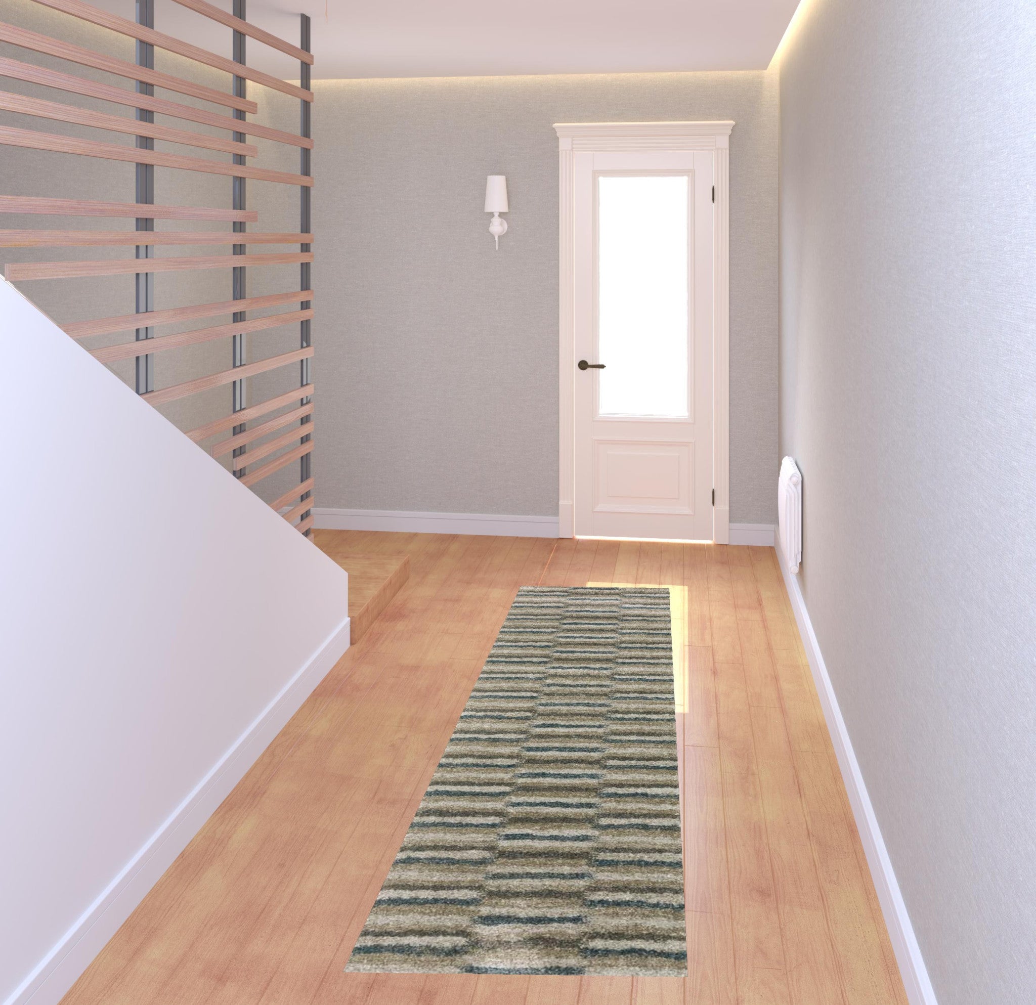 2' X 8' Teal Blue Grey And Tan Geometric Power Loom Stain Resistant Runner Rug