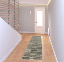 2' X 8' Teal Blue Grey And Tan Geometric Power Loom Stain Resistant Runner Rug