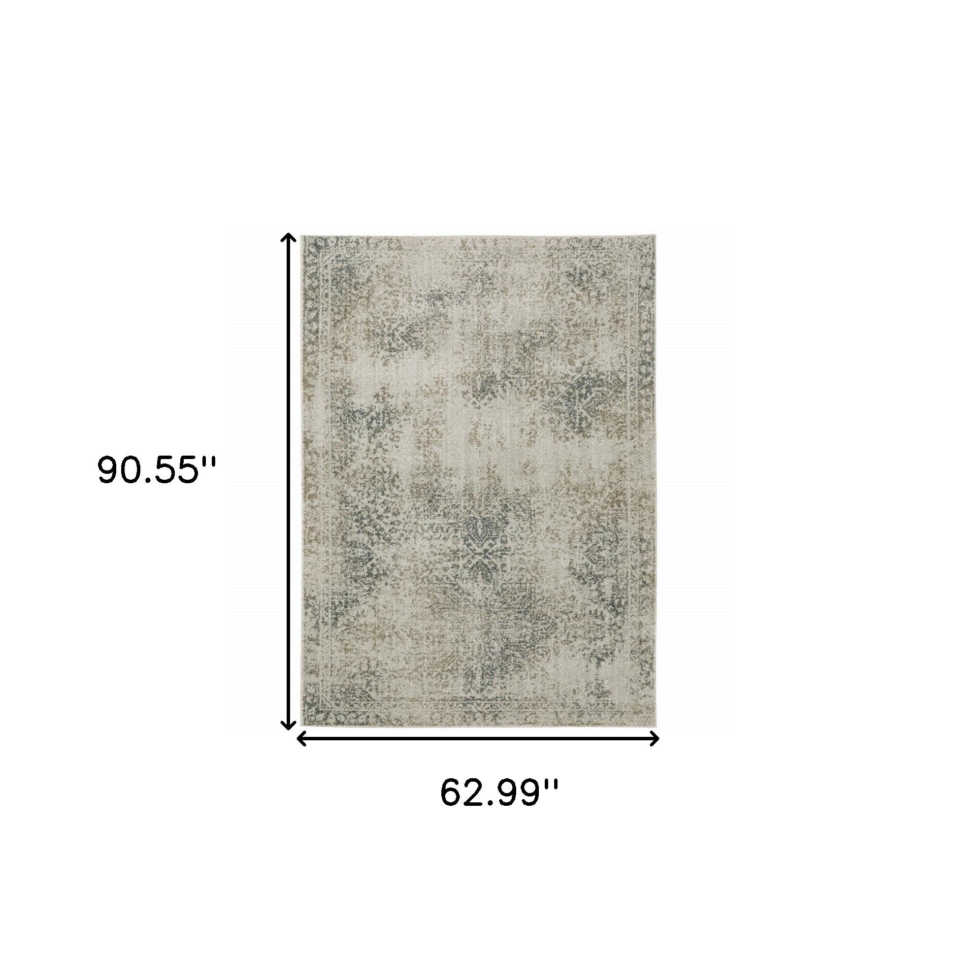 5' X 8' Grey Beige And Teal Oriental Power Loom Stain Resistant Area Rug