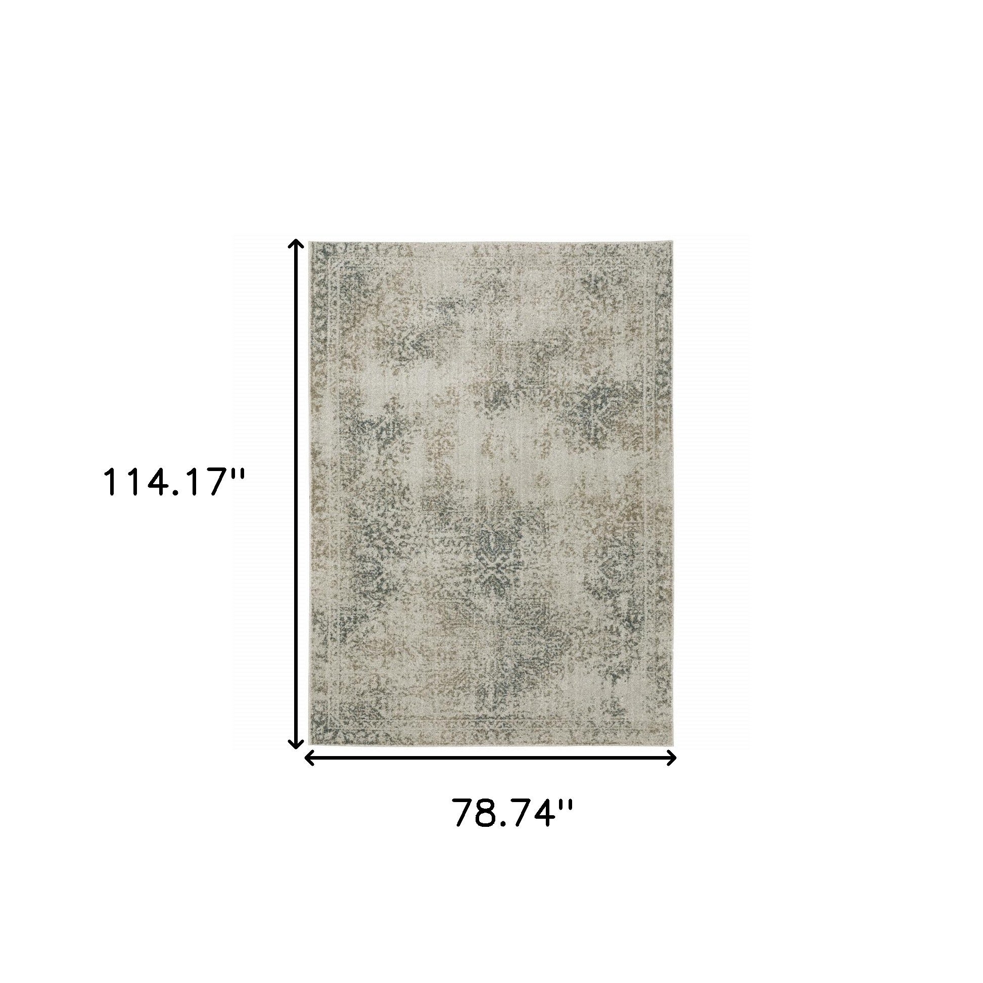 6' X 9' Grey Beige And Teal Oriental Power Loom Stain Resistant Area Rug