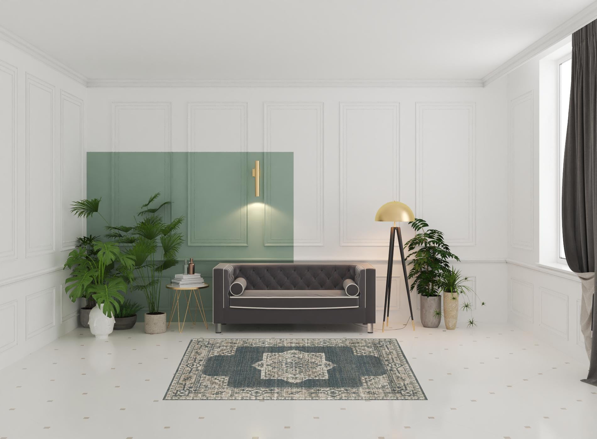 5' X 8' Blue And Beige Oriental Power Loom Stain Resistant Area Rug