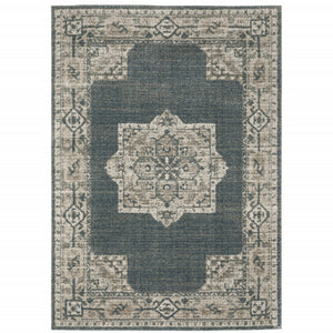 5' X 8' Blue And Beige Oriental Power Loom Stain Resistant Area Rug