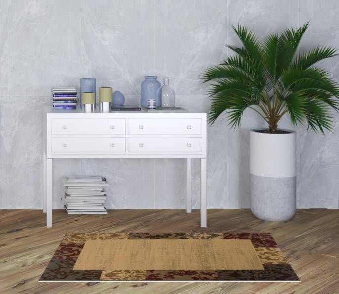 4' X 6' Beige Red Green Gold And Grey Abstract Power Loom Stain Resistant Area Rug