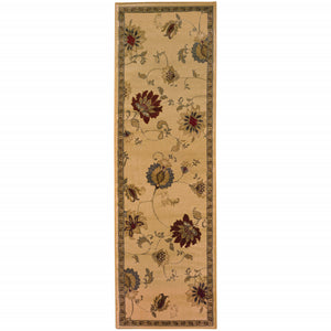 2' X 8' Ivory Green Brown Blue And Rust Floral Power Loom Stain Resistant Runner Rug