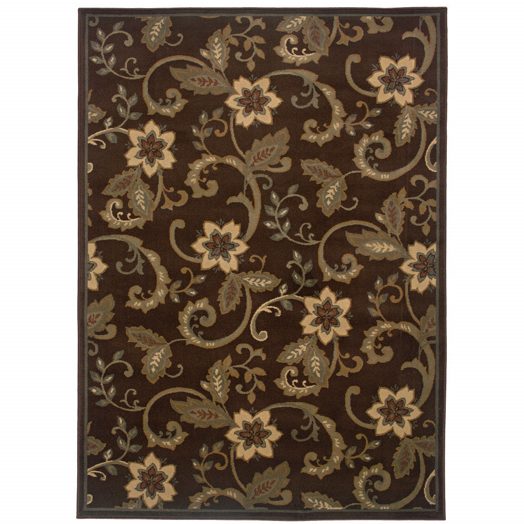 5' X 8' Brown Ivory Blue Rust Gold And Green Floral Power Loom Stain Resistant Area Rug