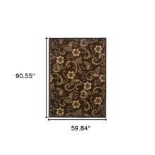 5' X 8' Brown Ivory Blue Rust Gold And Green Floral Power Loom Stain Resistant Area Rug