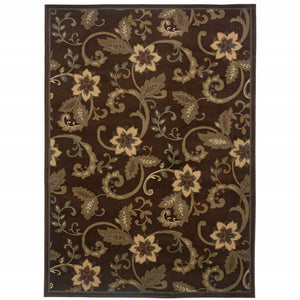 10' X 13' Brown Ivory Blue Rust Gold And Green Floral Power Loom Stain Resistant Area Rug